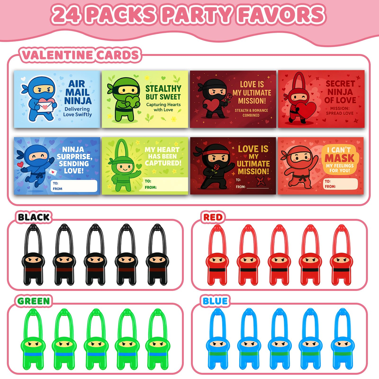 Colorful ninjas in 24-piece set with cards