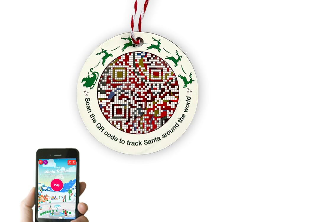 Front view of Colorful QR Code Santa Tracker Interactive Ornament