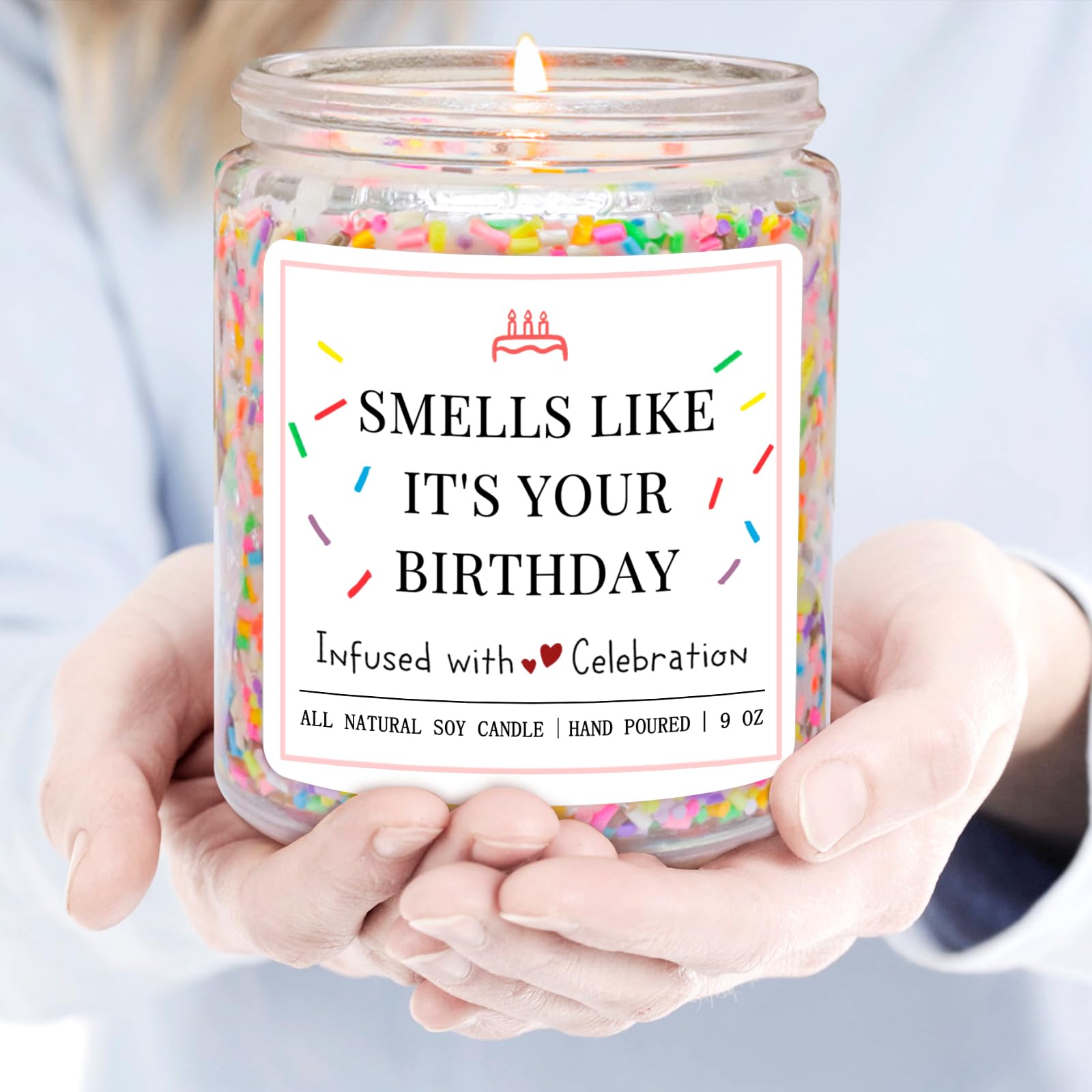 Pink bordered label on birthday sprinkle candle