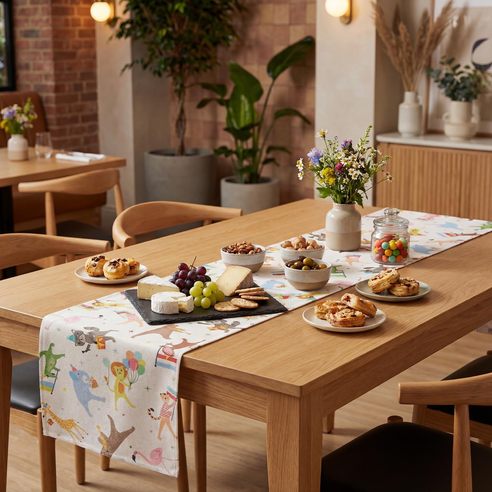 Colorful wildlife themed table decor suitable for celebrations
