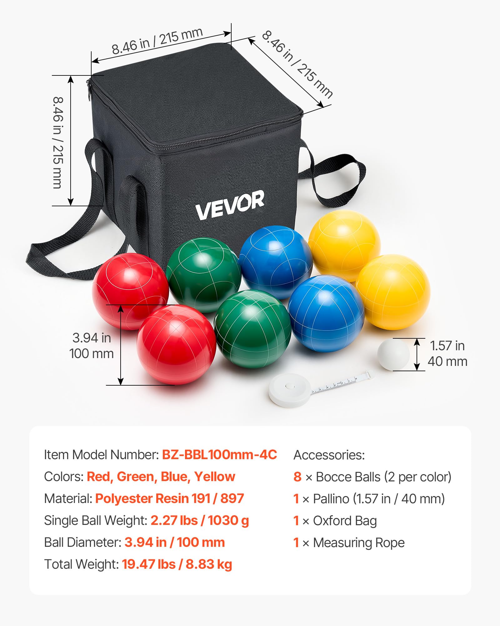 Bocce set colors red green blue yellow for VEVOR