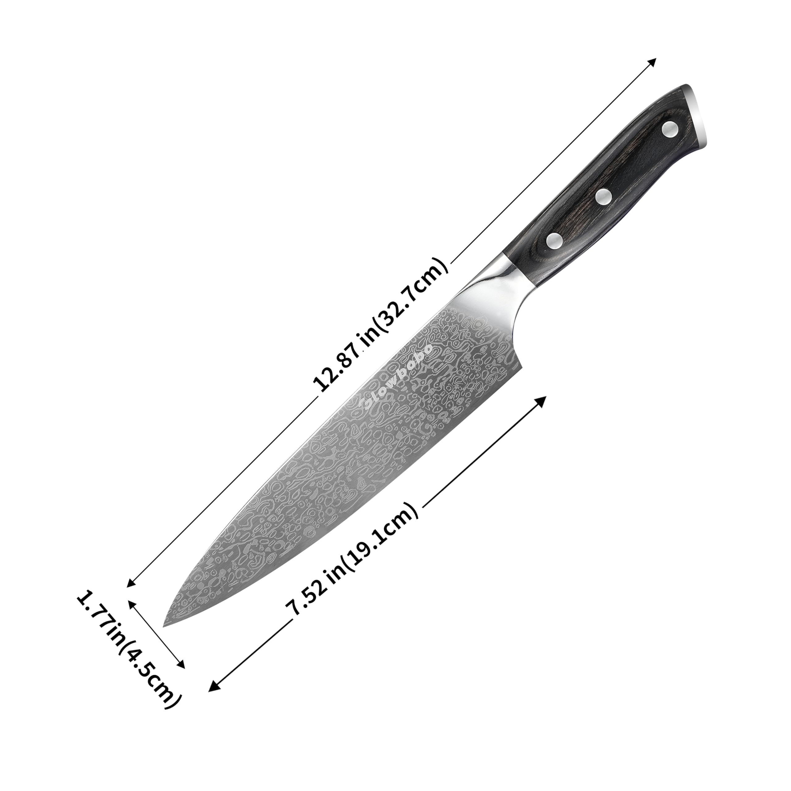Colorwood handle on Glowbobo chef knife