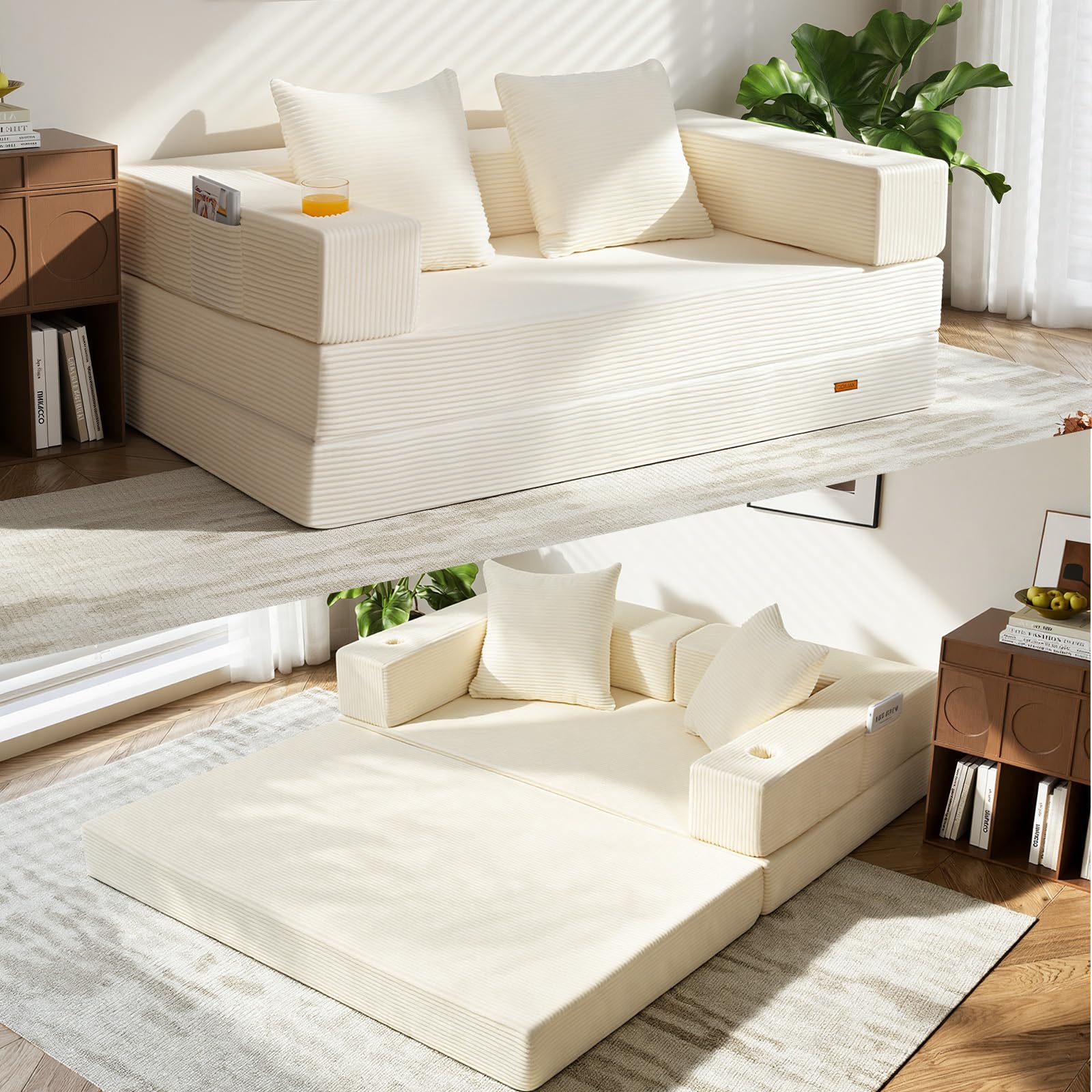 COMAX Boneless Futon Sofa Bed beige folded in a small room