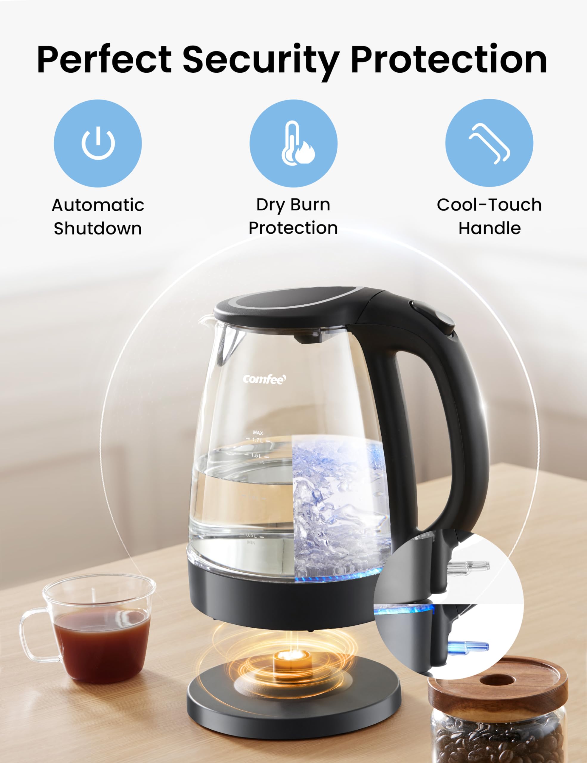 Automatic shut-off and boil-dry protection features in COMFEE’ kettle