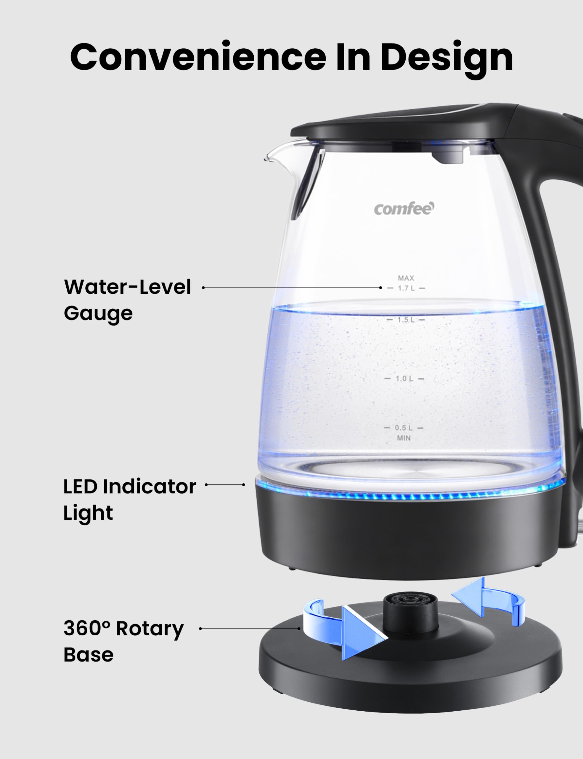 Cool touch handle and release button on COMFEE’ glass kettle