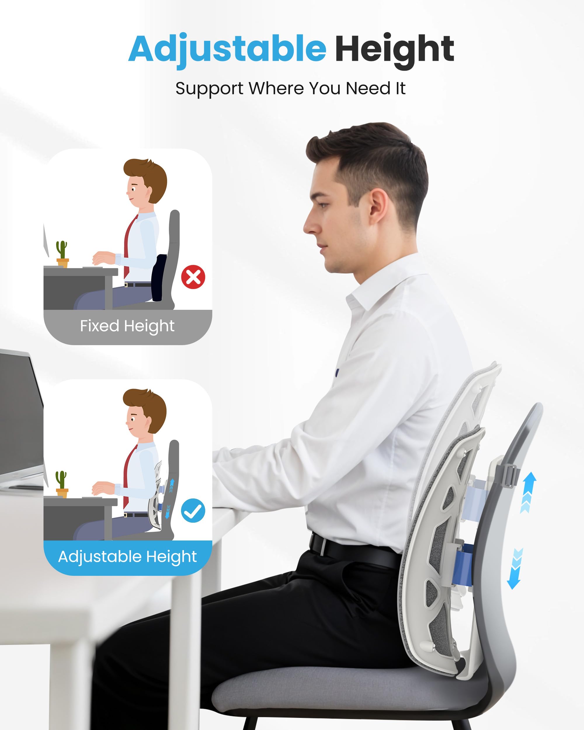 Elastic straps and height knob securing COMFIER lumbar pillow