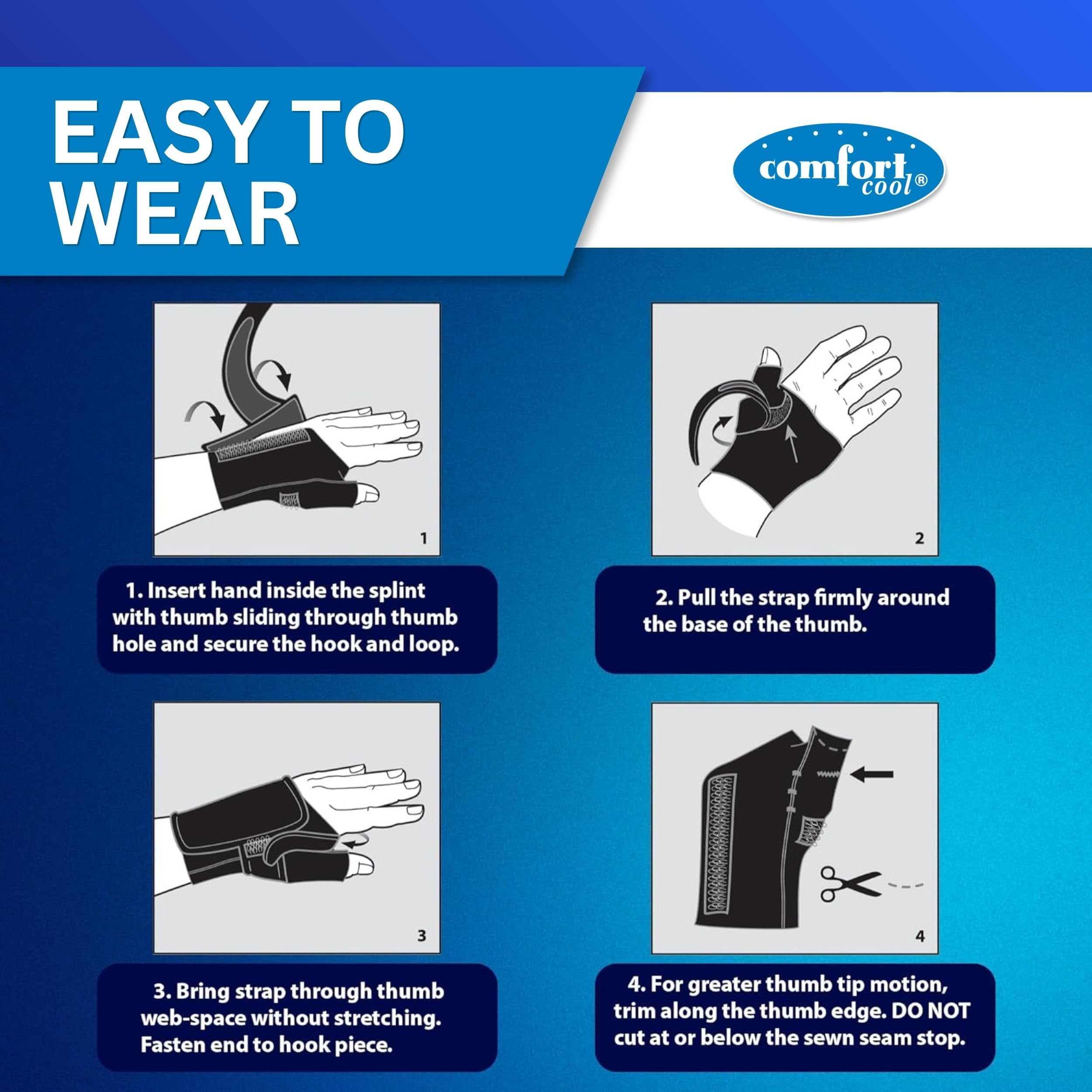 Product packaging or label for Comfort Cool Thumb CMC Restriction Splint left medium