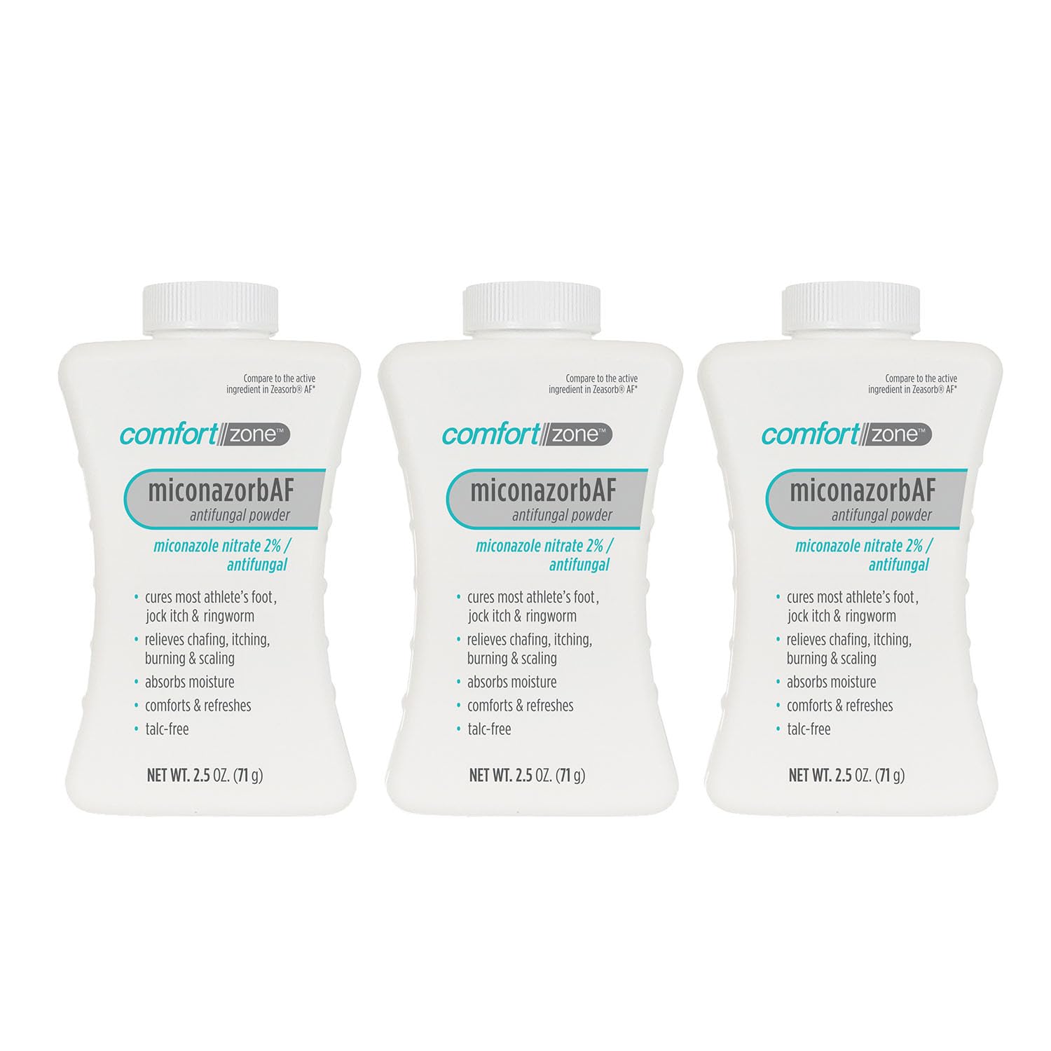 Comfort Zone Miconazorb Antifungal Powder 2% 2.5 oz 3-Pack packaging