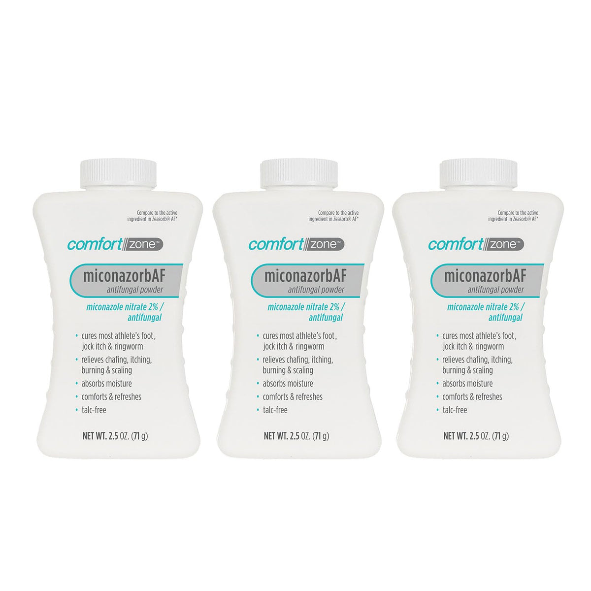 Comfort Zone Miconazorb Antifungal Powder 2% 2.5 oz 3-Pack packaging