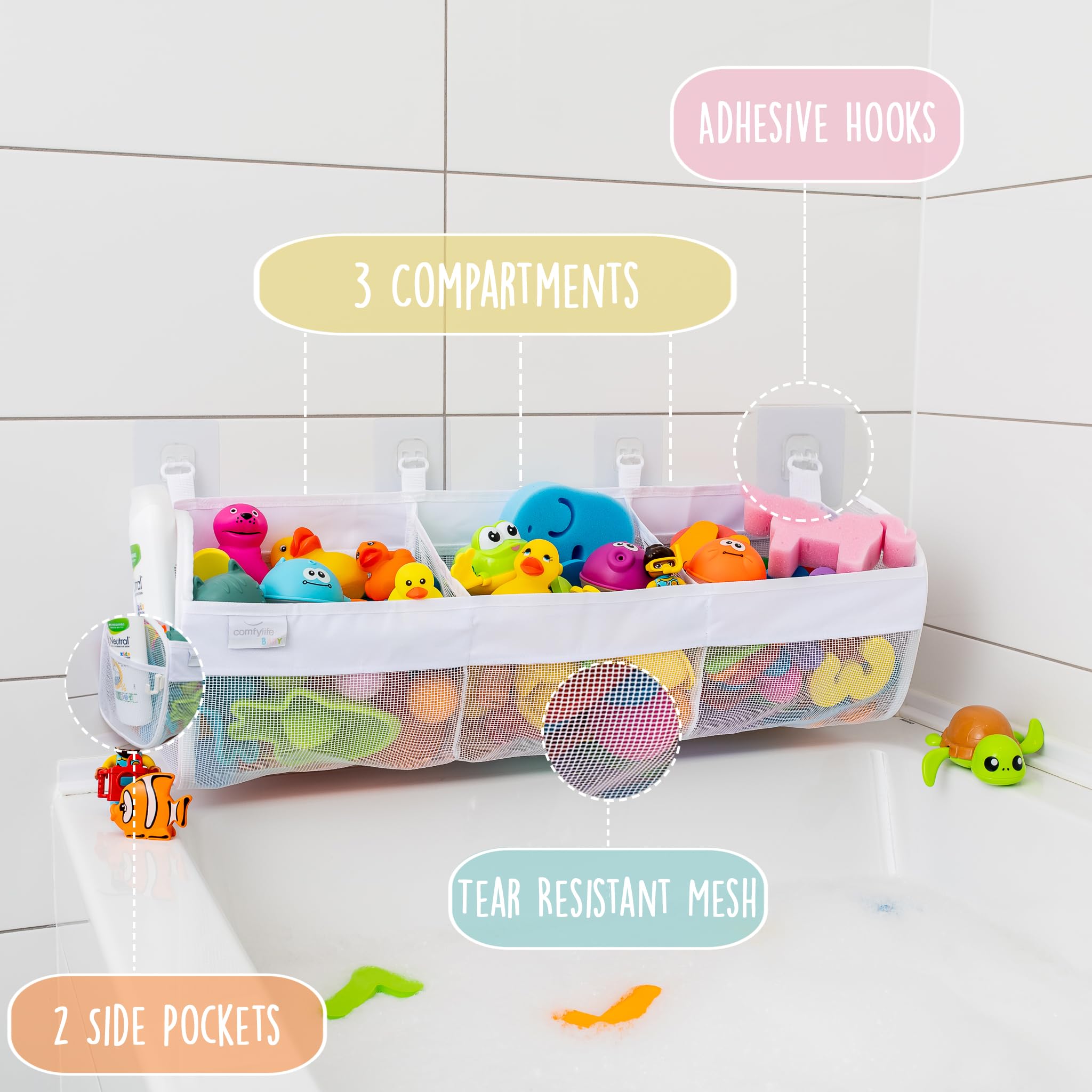 Adhesive hooks bath toy basket attaches to wall or tub