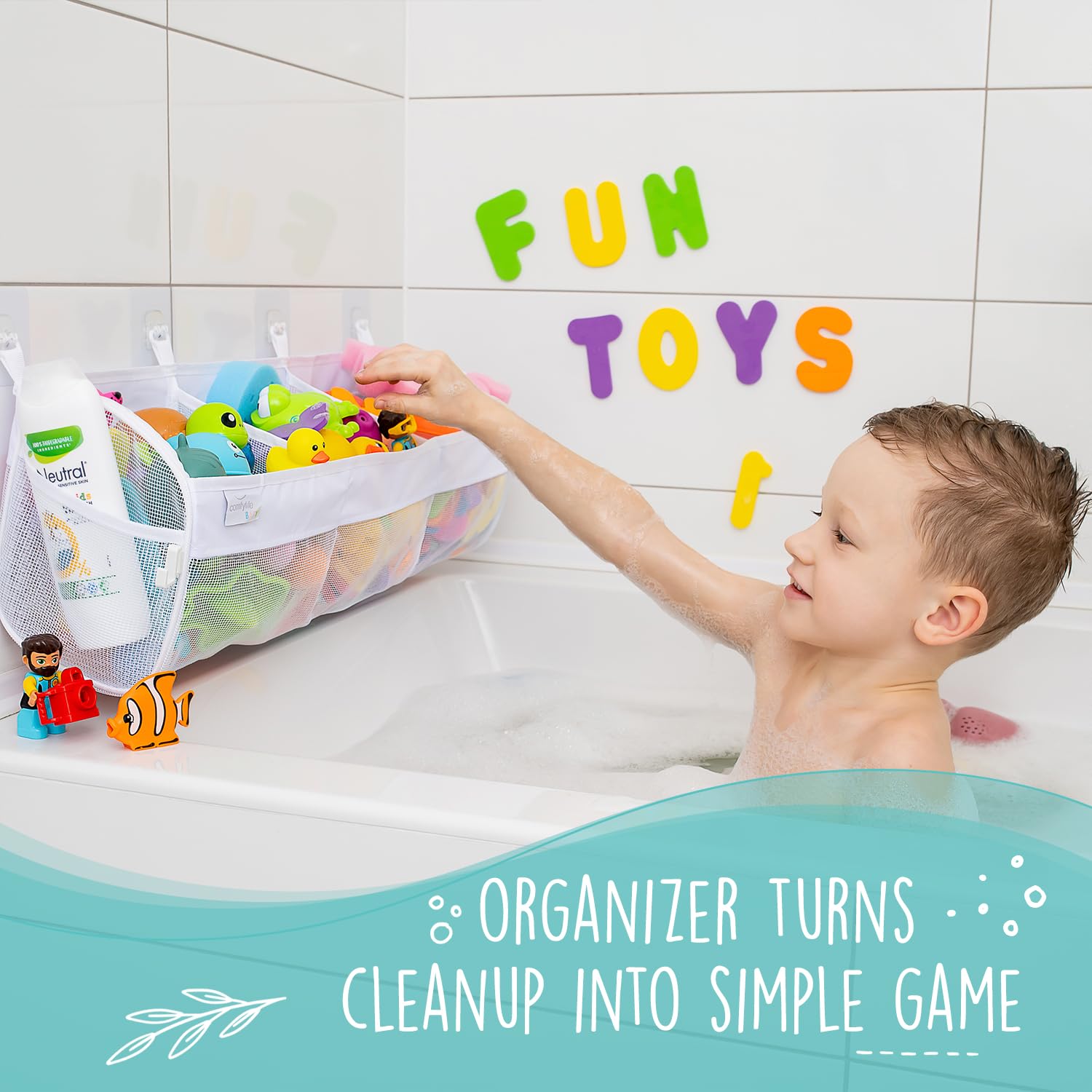 Comfylife large bath toy storage net in bathroom
