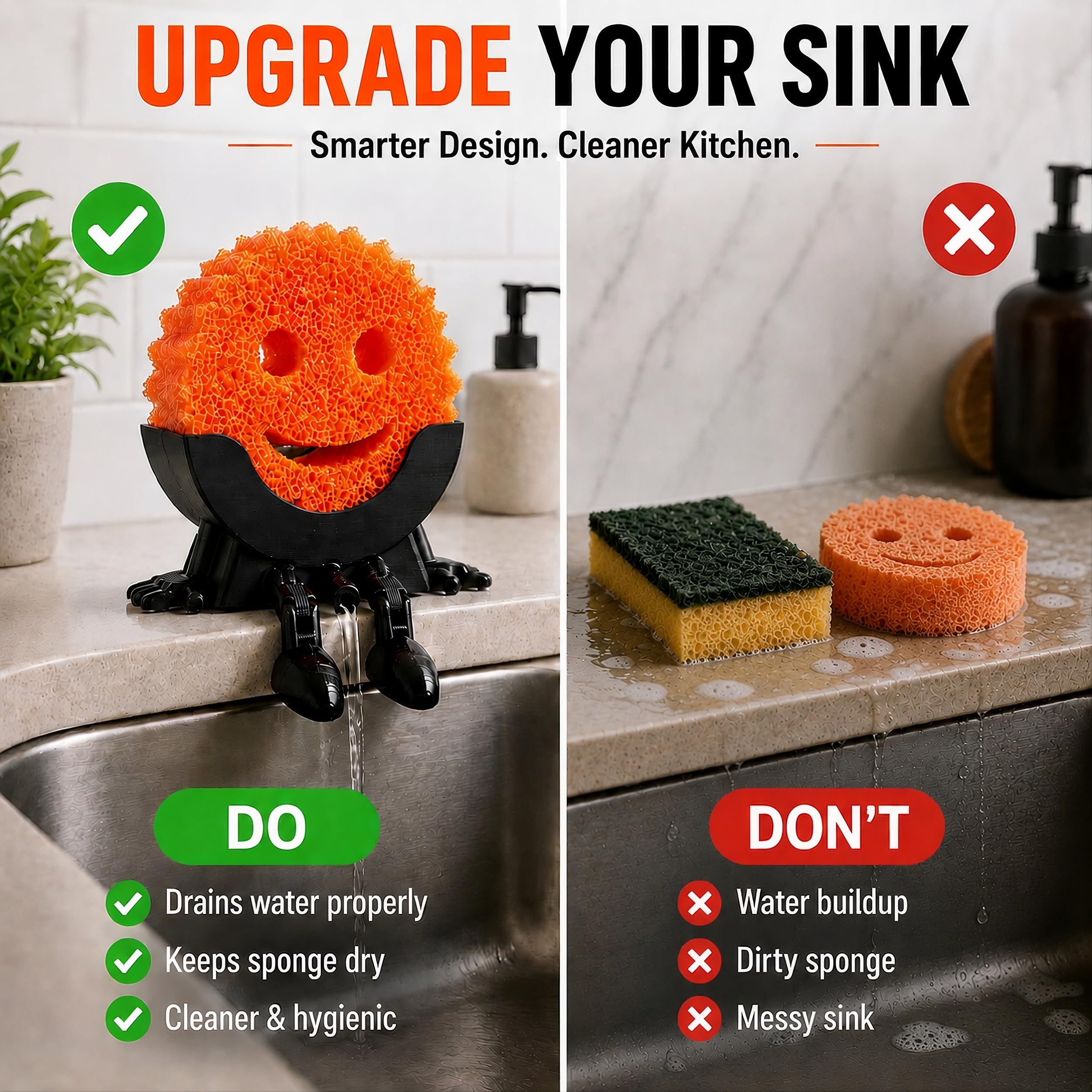 Compact and space saving kitchen sponge holder near sink