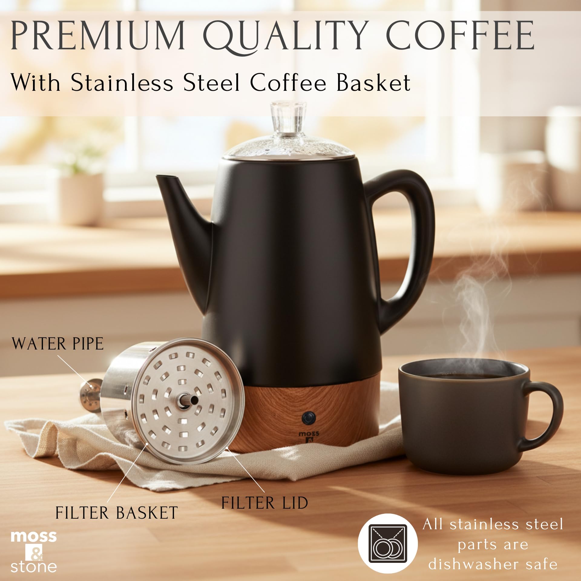 54 oz capacity percolator in stainless steel