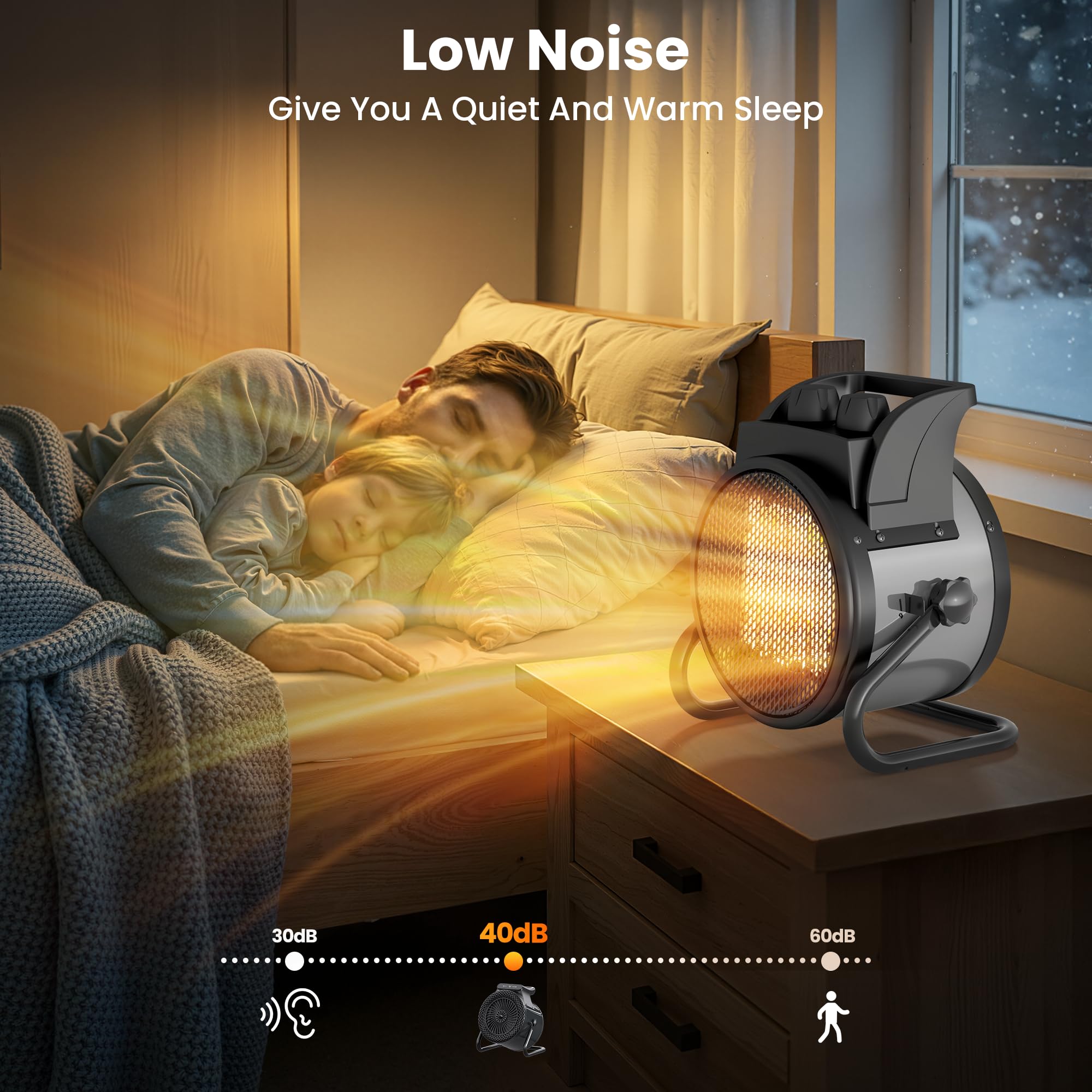 Whisper quiet operation at 40 dB space heater