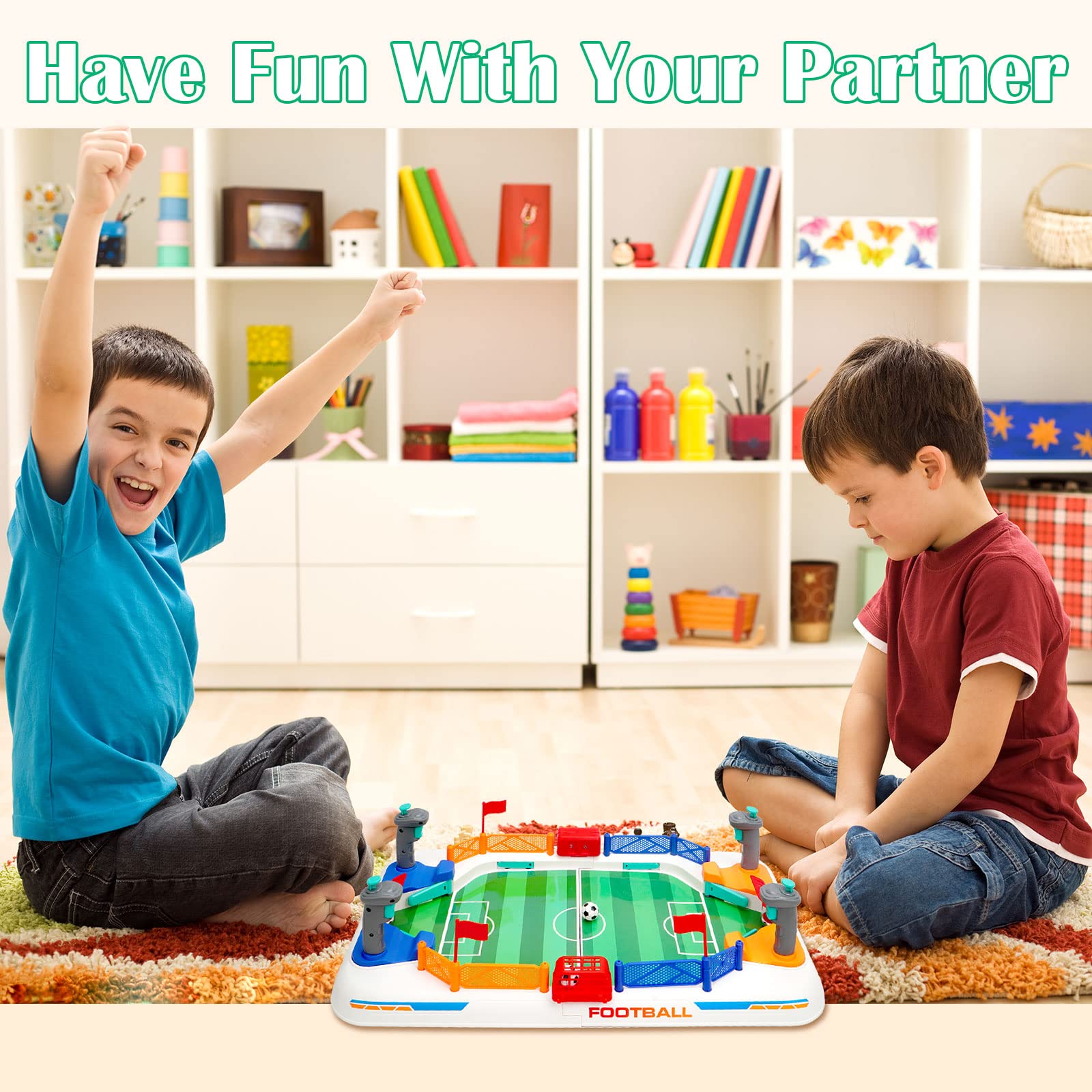 Football table with green playing field 20 by 11.8 inch and built-in scoreboard