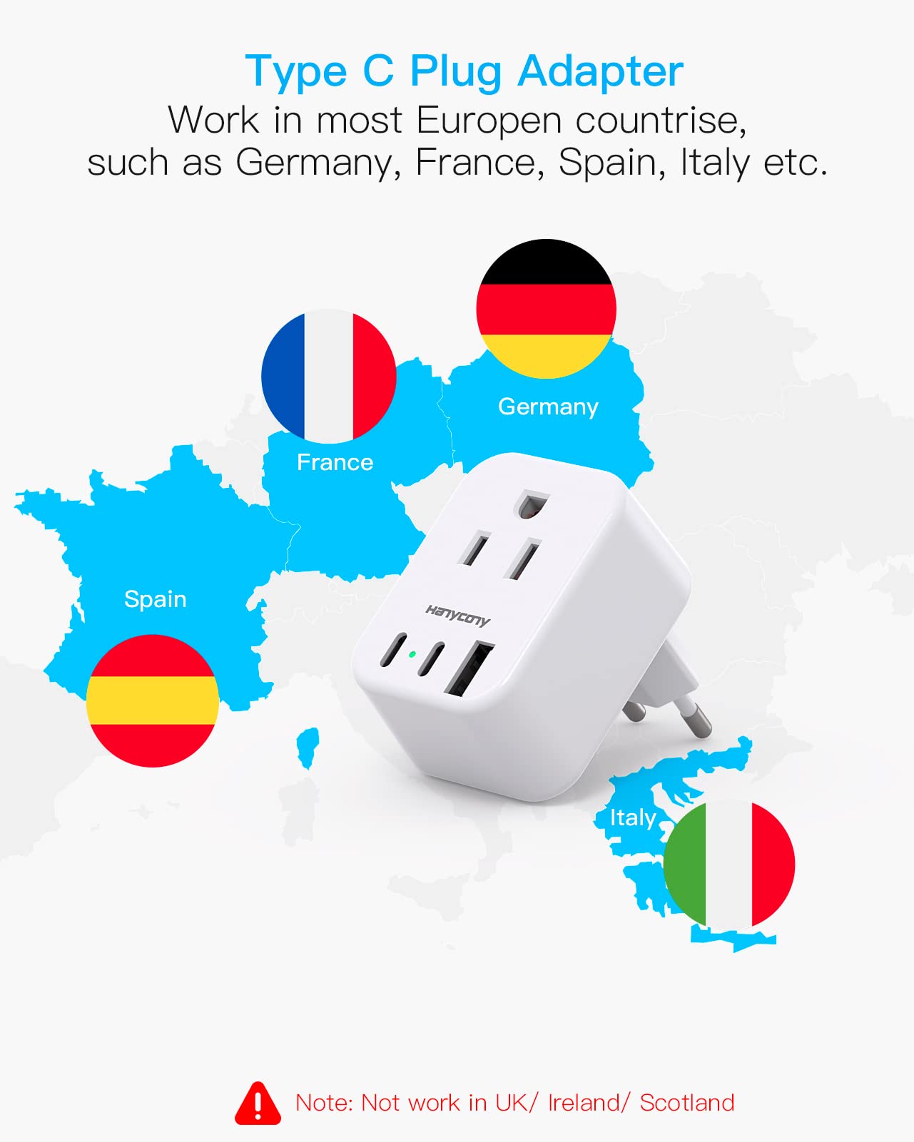 Dual-voltage compatible European travel adapter not a voltage converter
