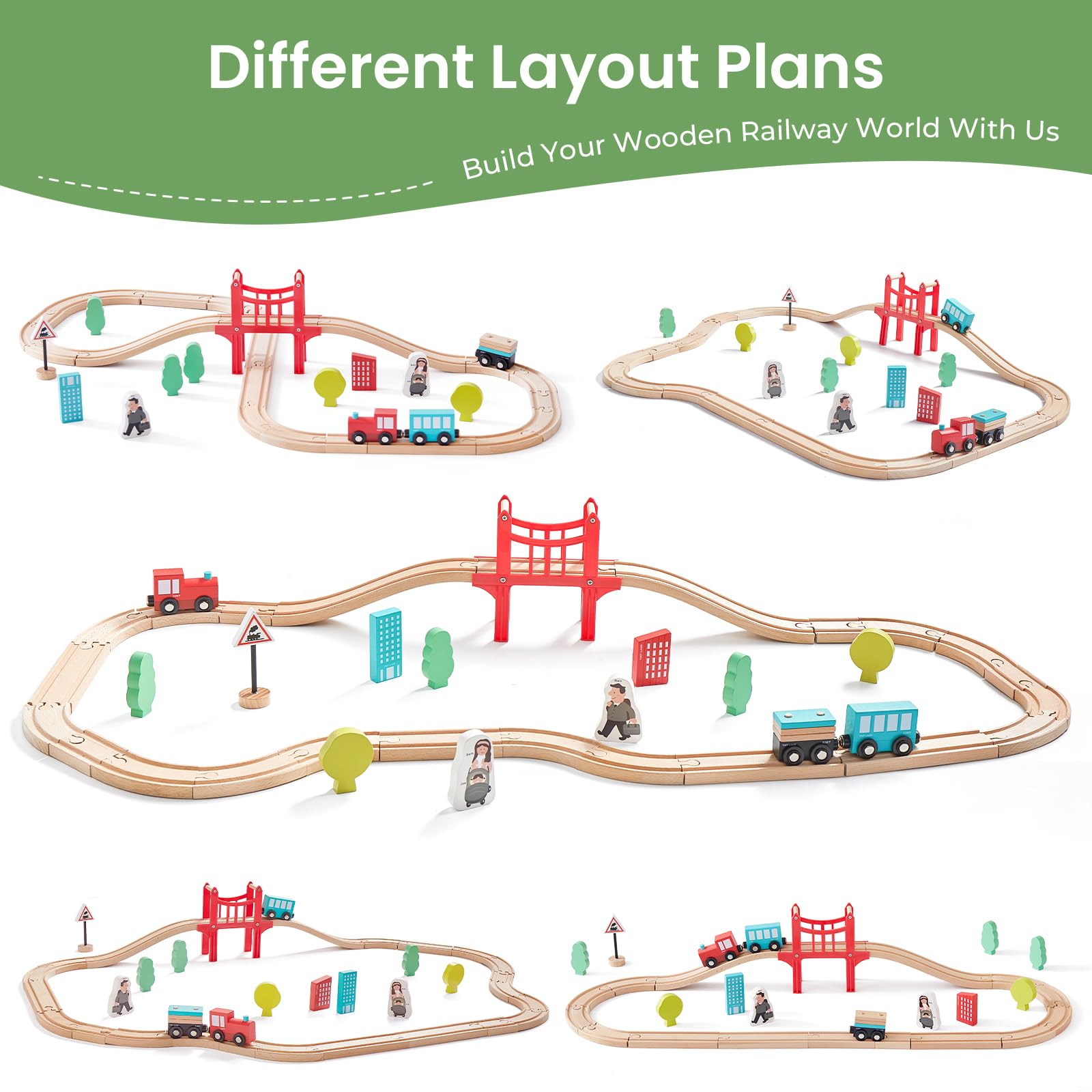 Expandable track designs shown with wooden train set