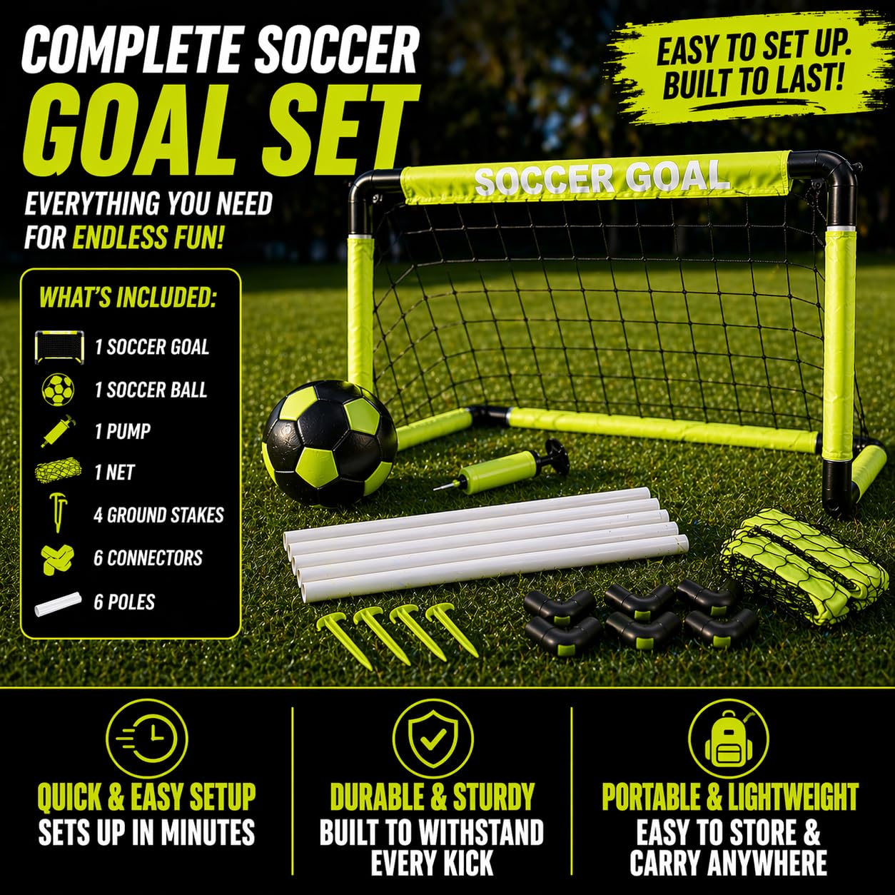 Durable lightweight kids soccer goal set for ages 6 and up