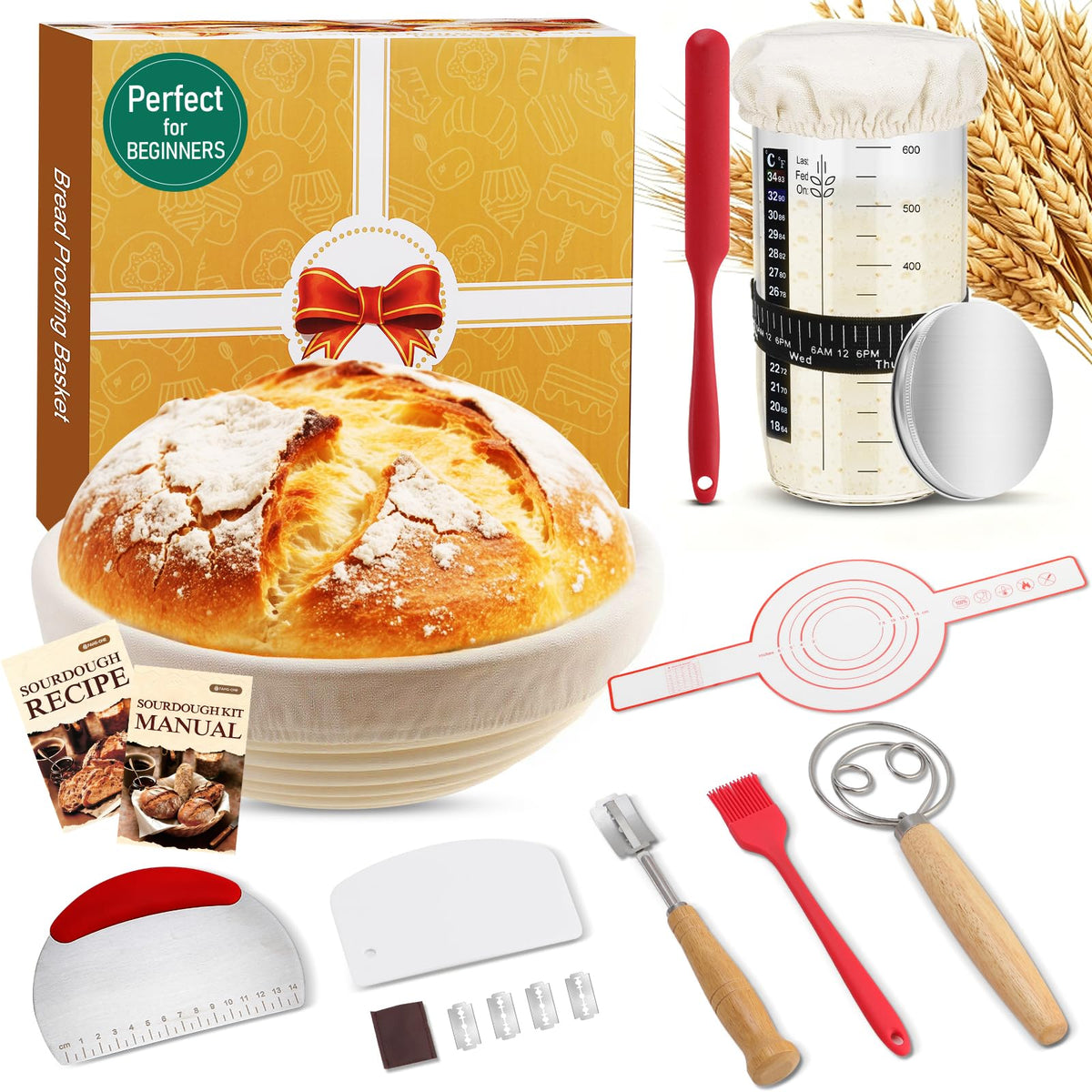 Complete sourdough starter kit contents including 9 inch proofing basket and starter jar