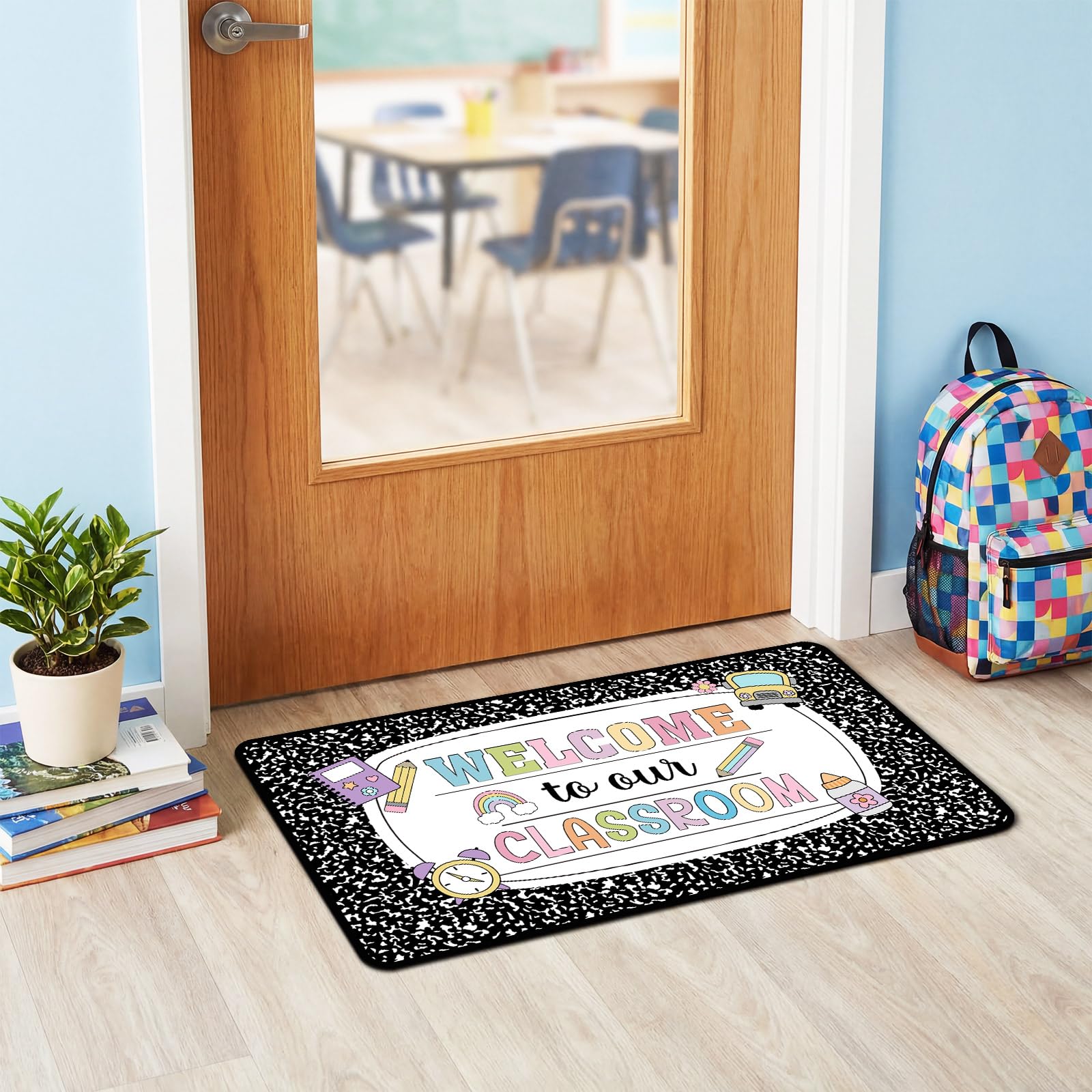 Back to school decor rug with rainbow welcome slogan