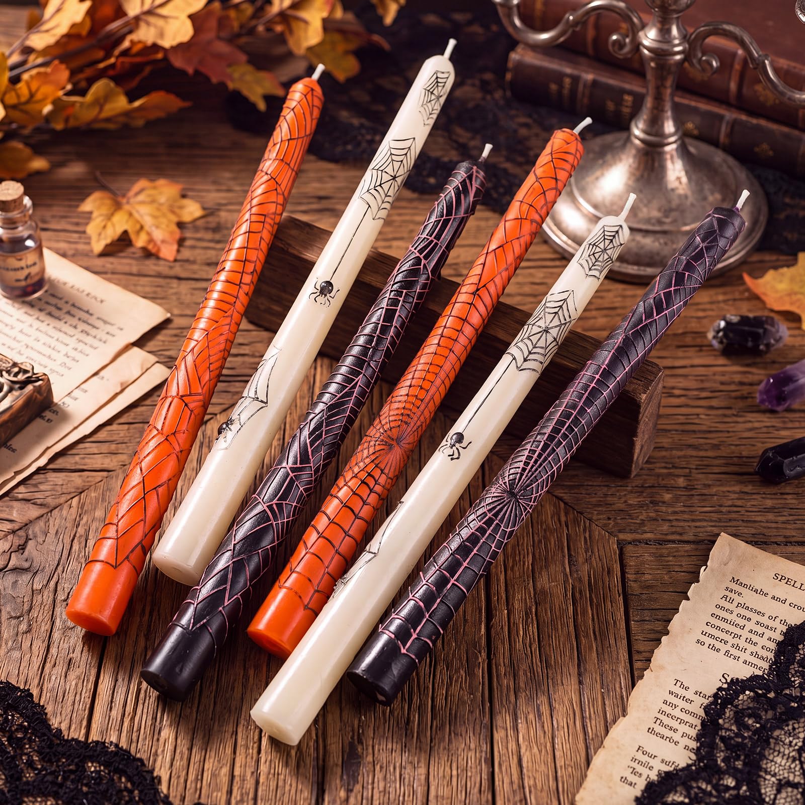 3D spider web embossed taper candle orange black white colors