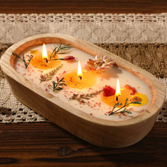 Conelist 9.45 large botanical bowl candle real dried flowers in wooden bowl
