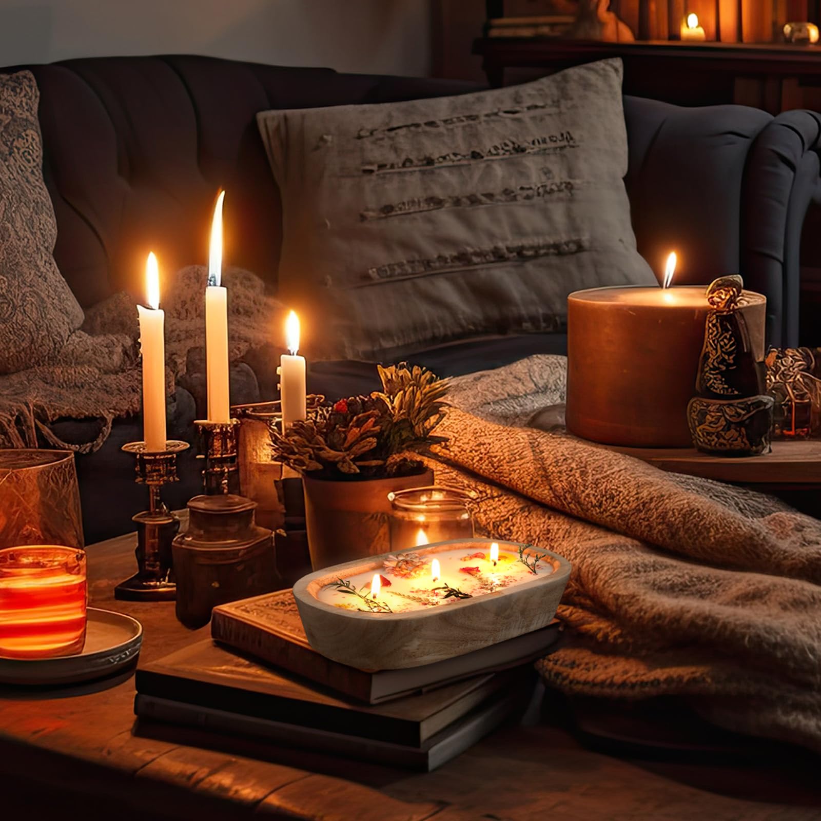 Vintage farmhouse style candle with weathered wood bowl and dried flowers