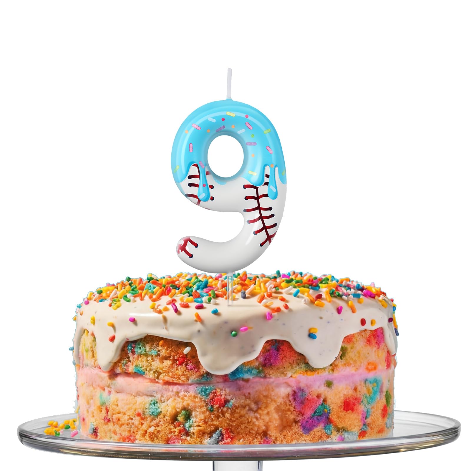 Conelist ice cream drip baseball candle 9 with holder on cake