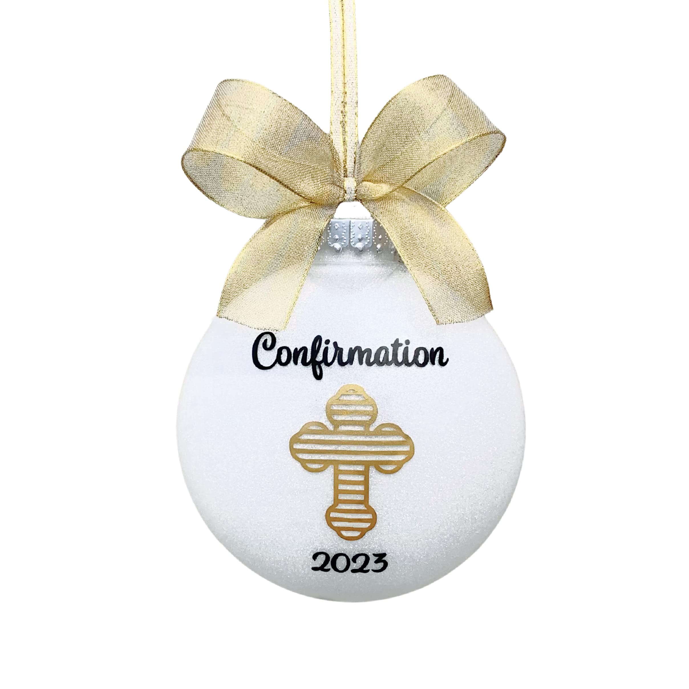 Confirmation Ornament front view with striped gold cross and bow