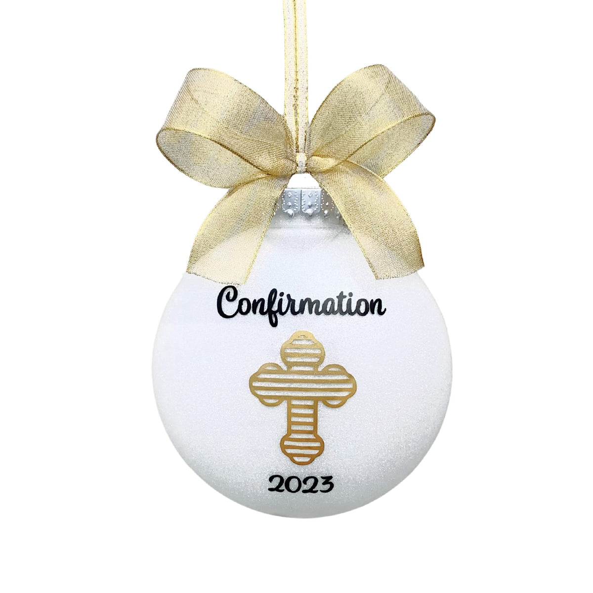Confirmation Ornament front view with striped gold cross and bow