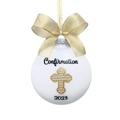 Confirmation Ornament front view with striped gold cross and bow