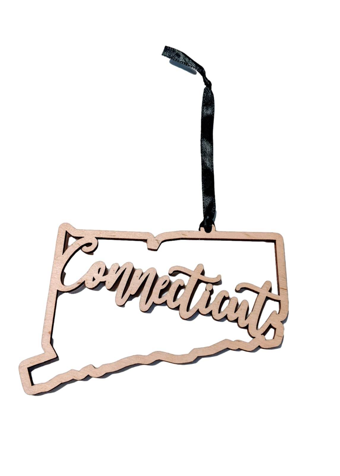 Connecticut Christmas Ornament rustic wood with black ribbon