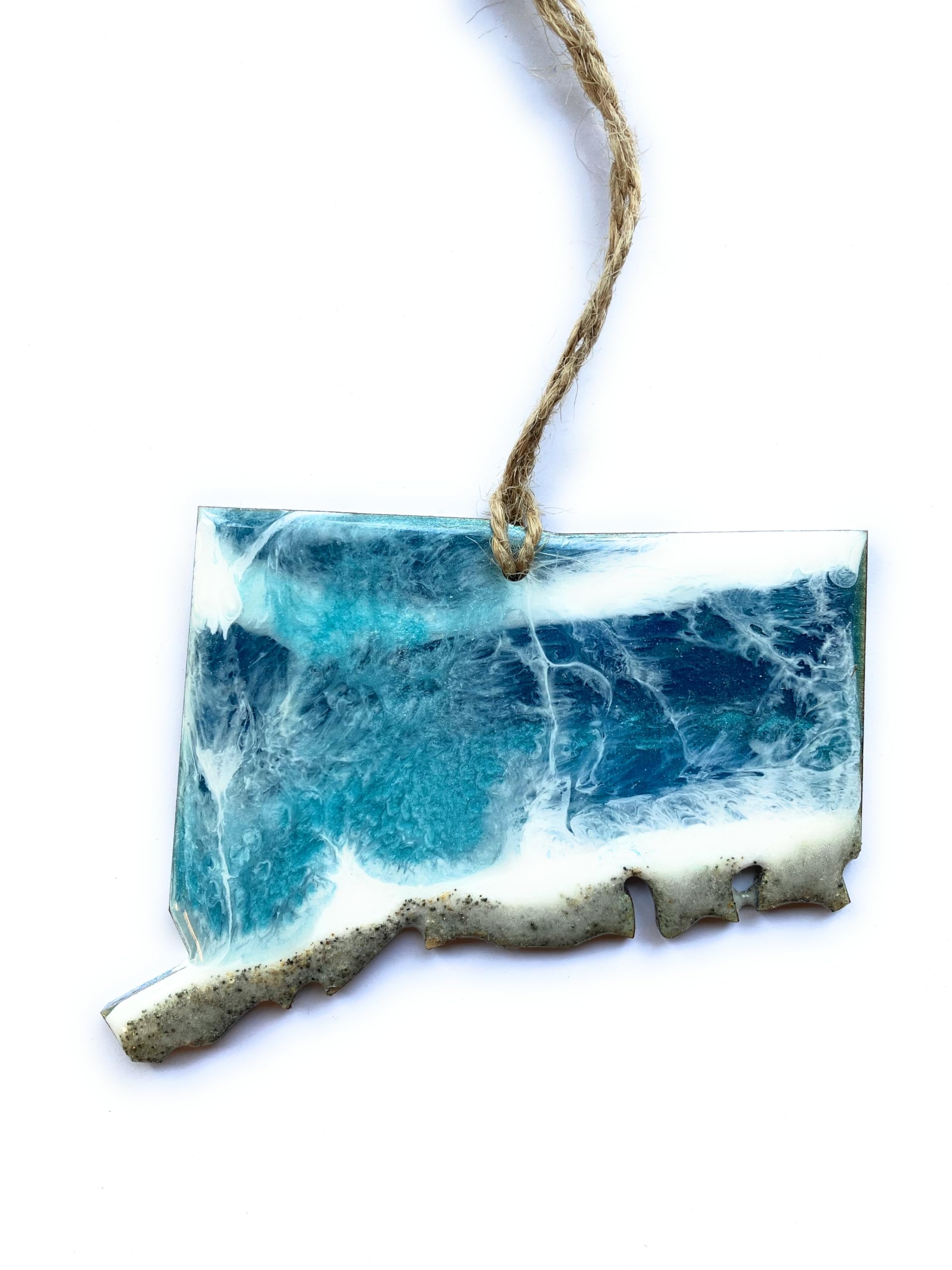 Connecticut Holiday Ornament resin art with real beach sand and ocean waves
