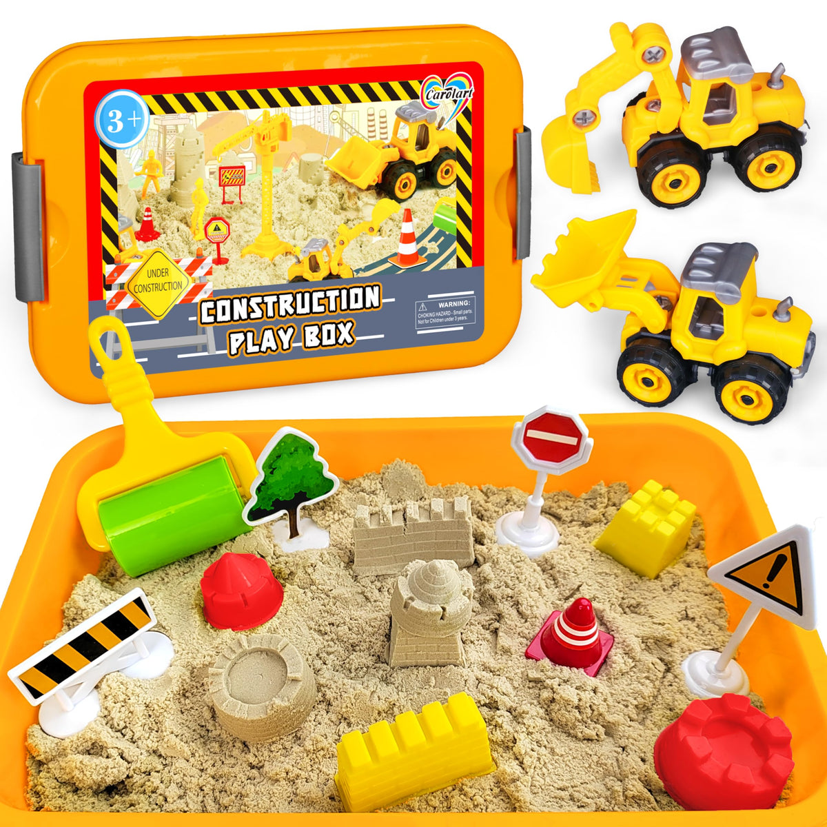Construction Sensory Bin contents with play sand and glow stones