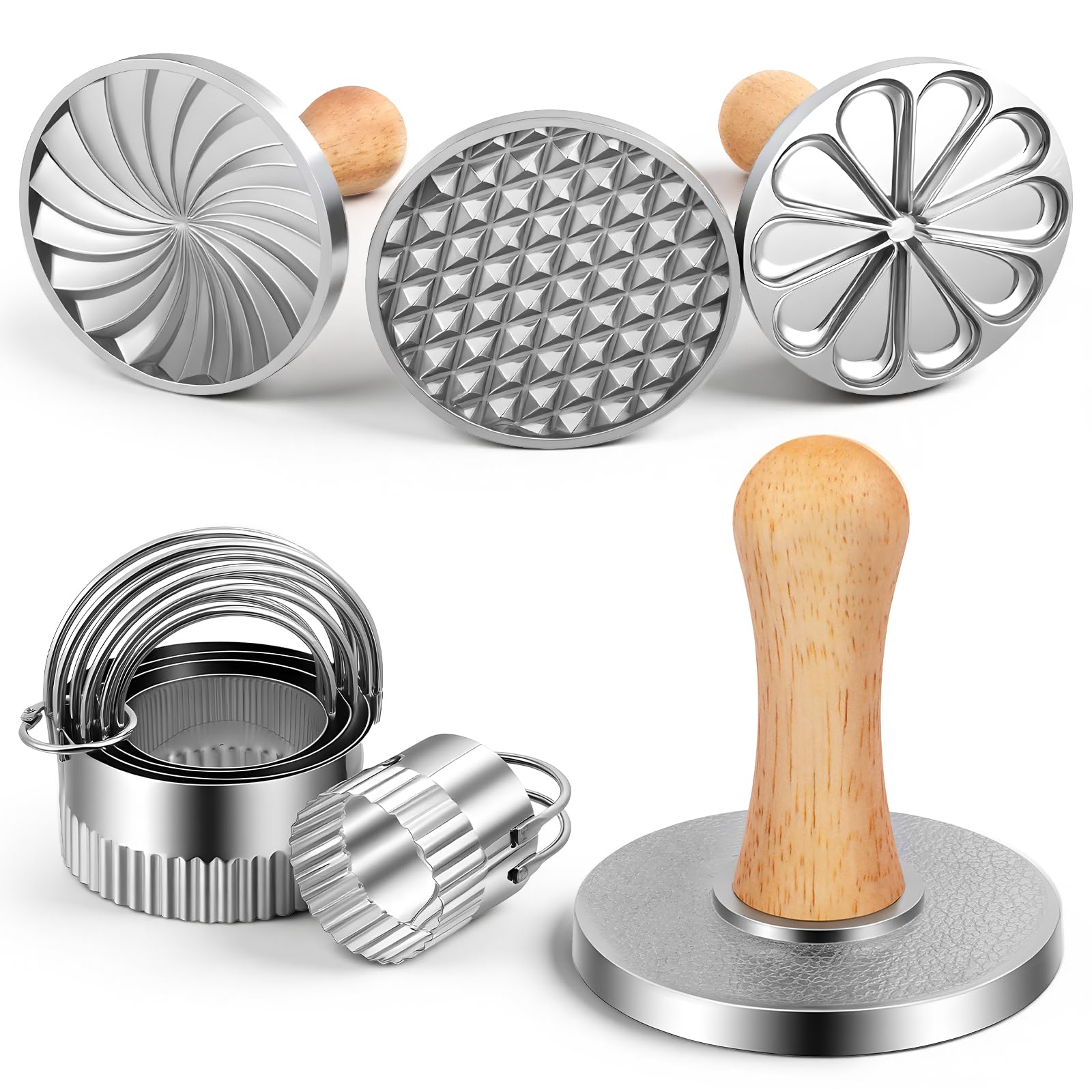 Cookie Stamps Set of 8 with wooden-handle stamps and cutters