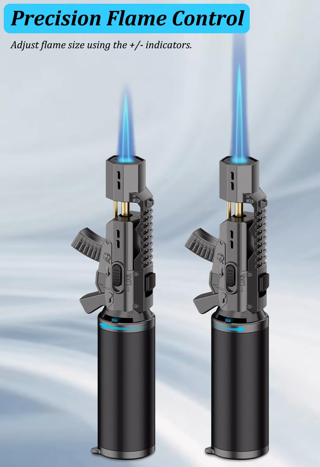 Adjustable flame size on windproof butane torch lighter