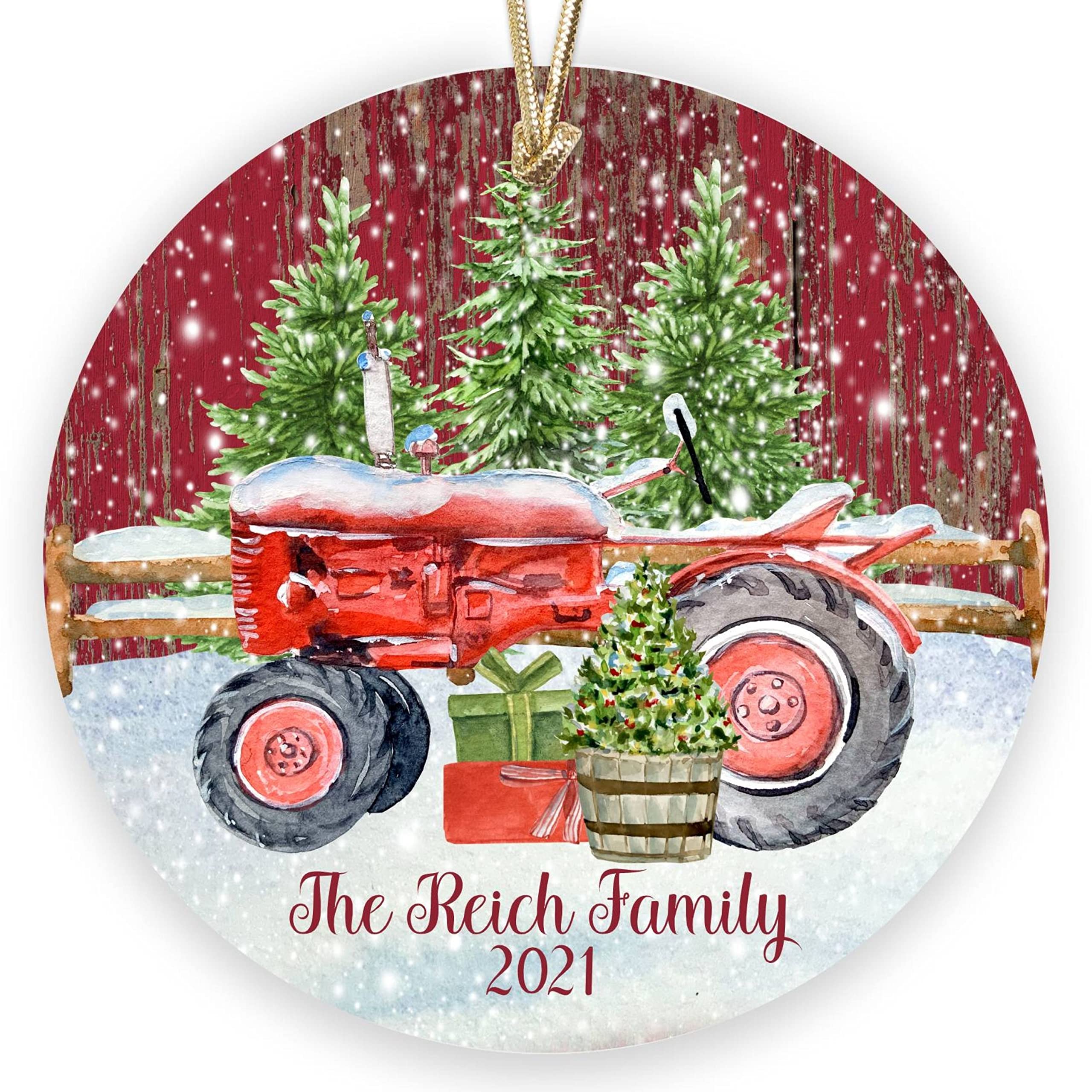 Cooperstown Creations red vintage tractor and barn personalized ornament CC-074