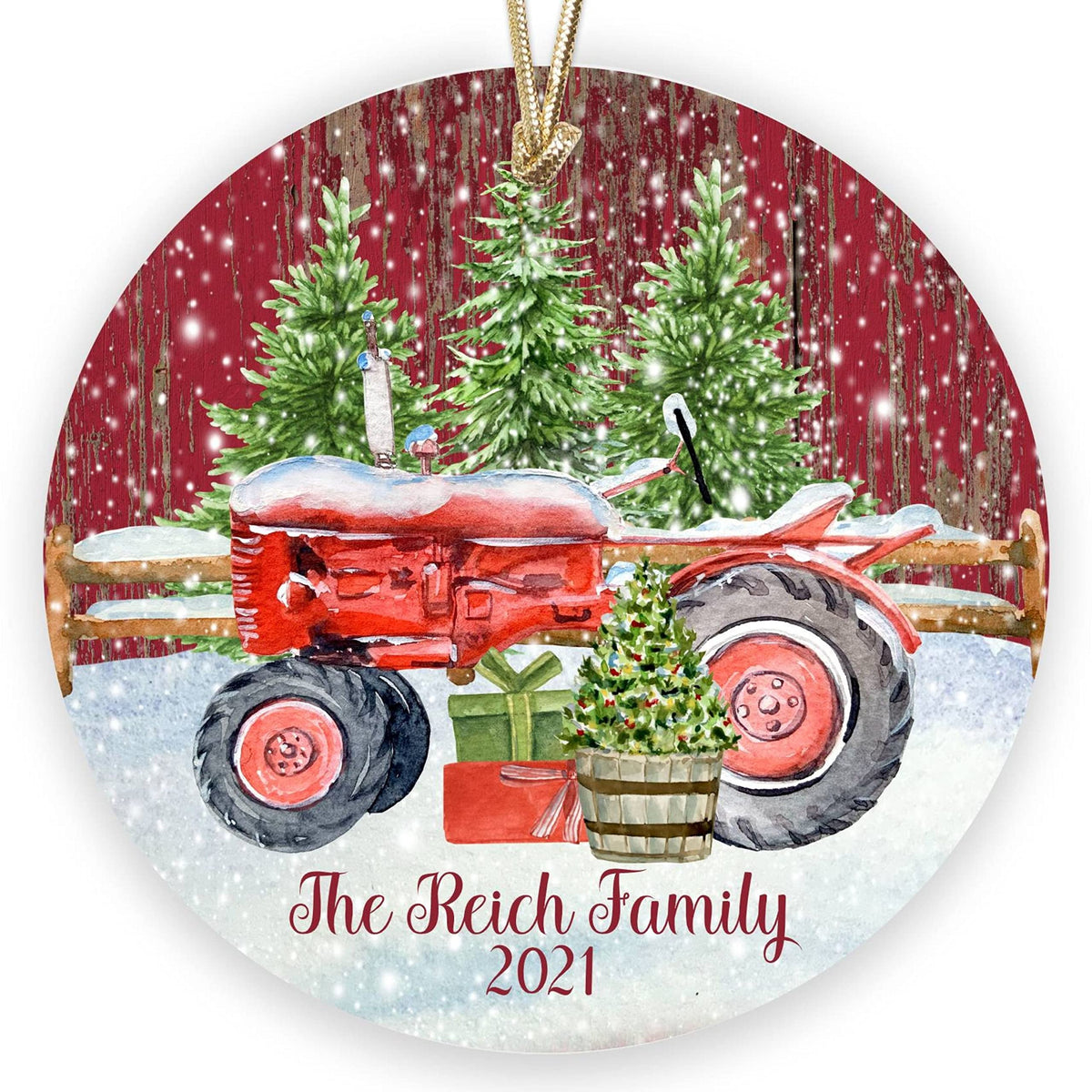 Cooperstown Creations red vintage tractor and barn personalized ornament CC-074