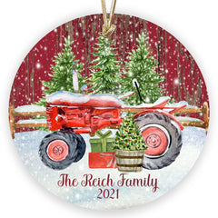 Cooperstown Creations red vintage tractor and barn personalized ornament CC-074