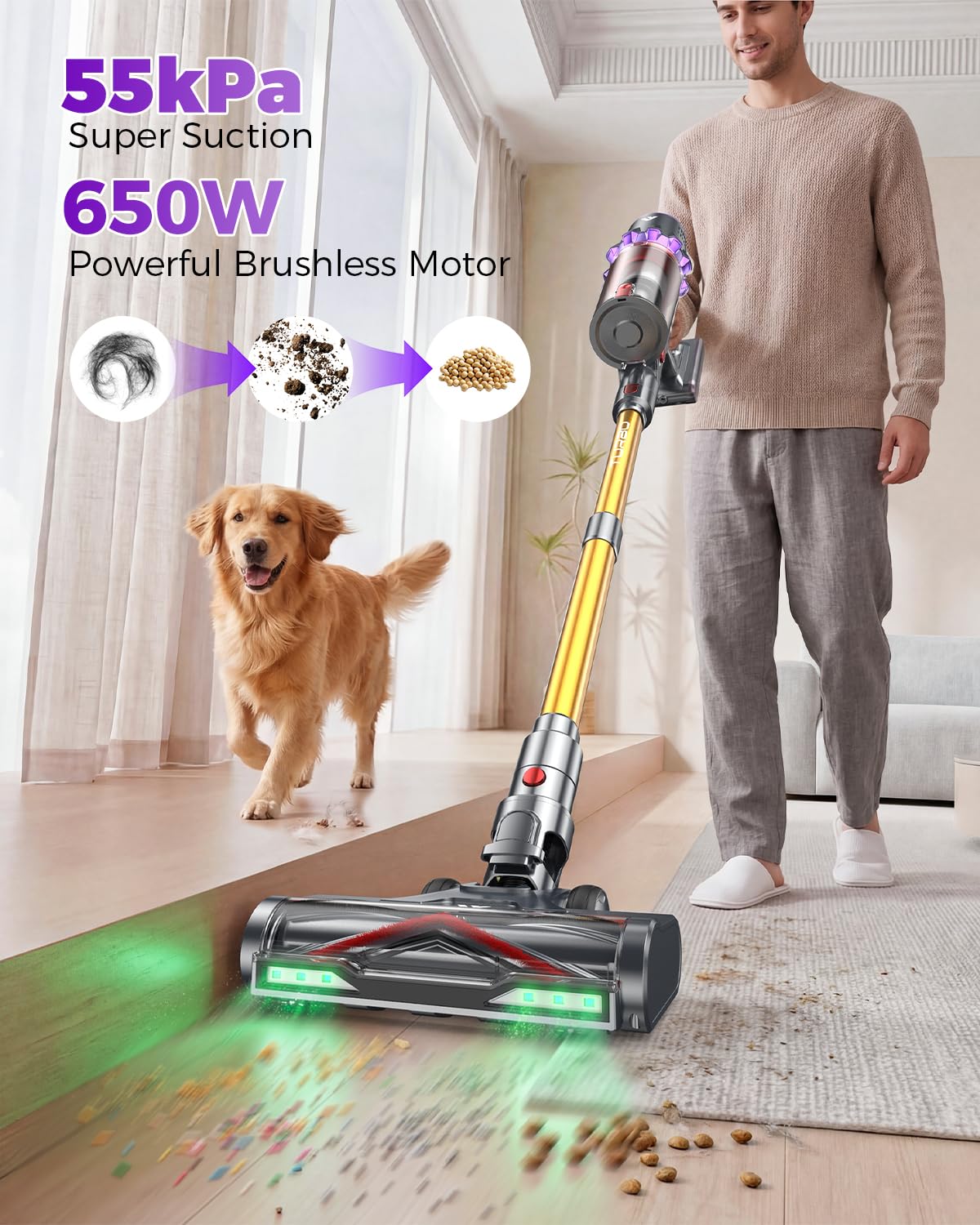 55KPa suction powered by 650W brushless motor