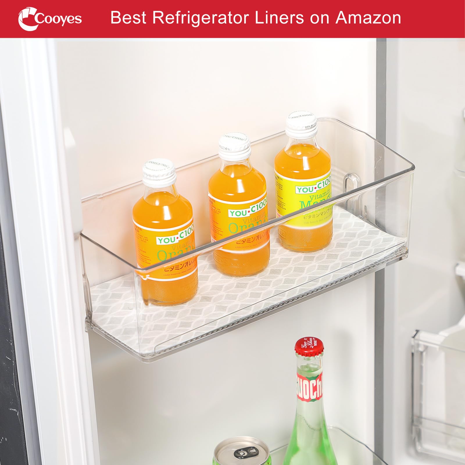 Fridge bin liners on kitchen shelf setup
