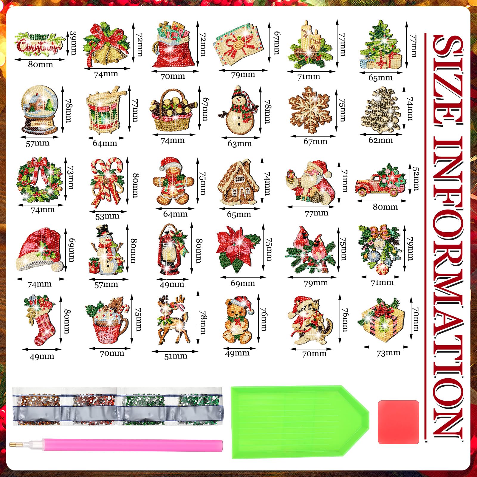Copkim Christmas Diamond Art Magnets 8 cm 30 pcs on magnetic board