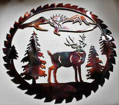 Copper bronze plated rustic metal wall art featuring deer and mountains
