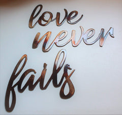 Never word panel from Love Never Fails wall art accents showing 9.5x3 inch size