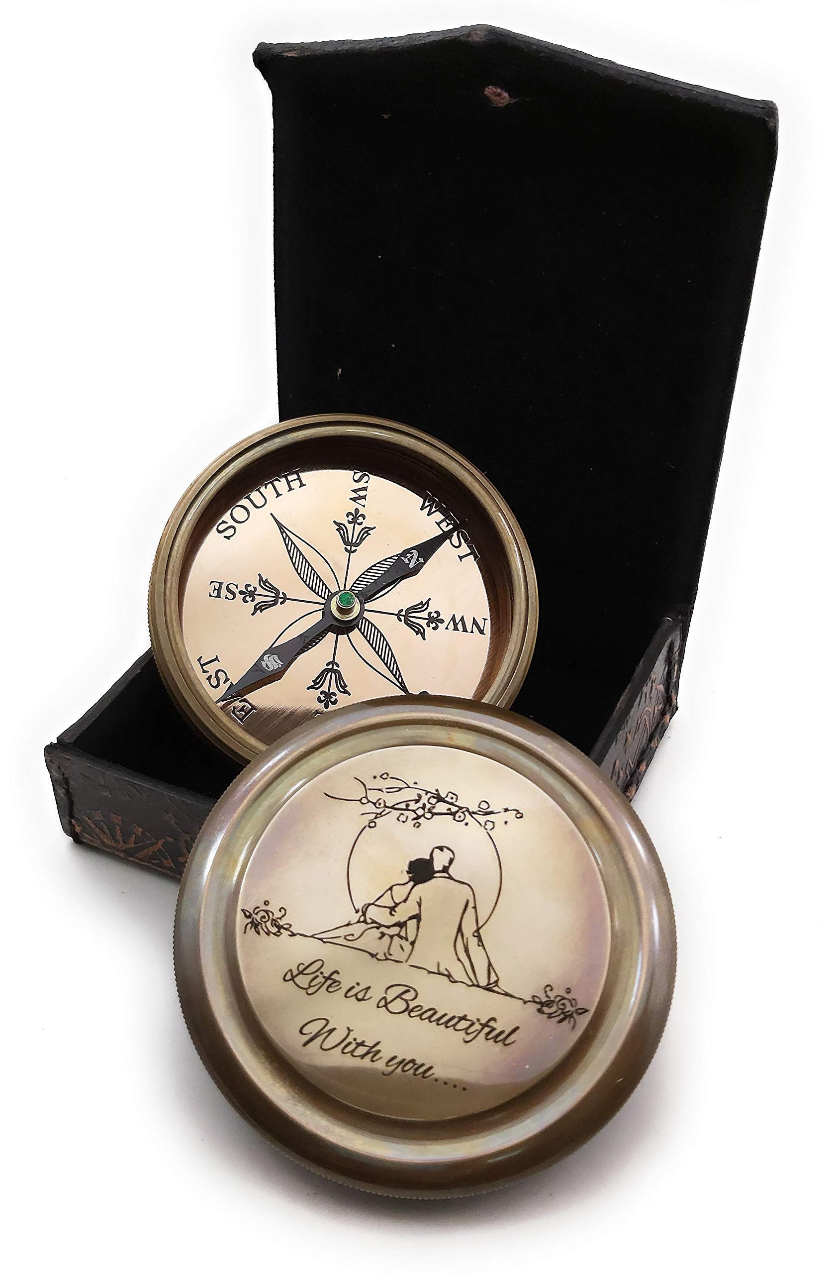 Red-tipped black needle on copper rose compass