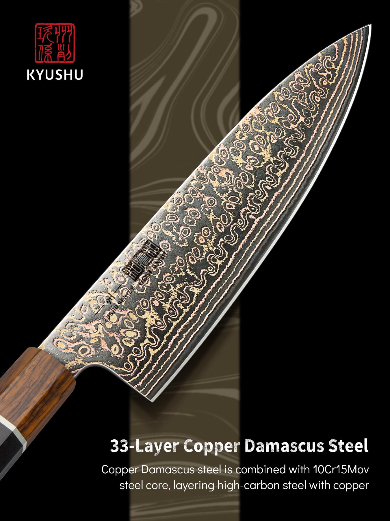 Copper Damascus outer layer and 33-layer steel core detail