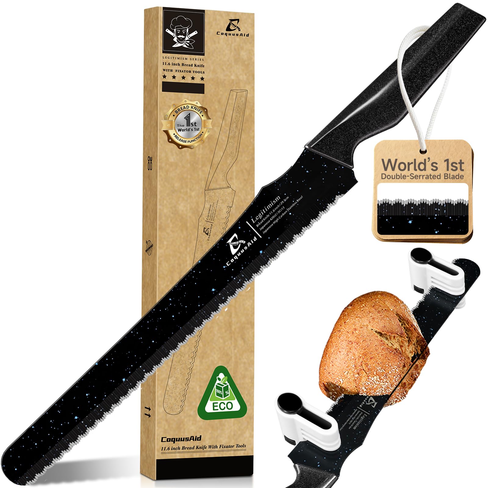 CoquusAid 2025 Upgrade Bread Knife double serrated blade for crusty bread