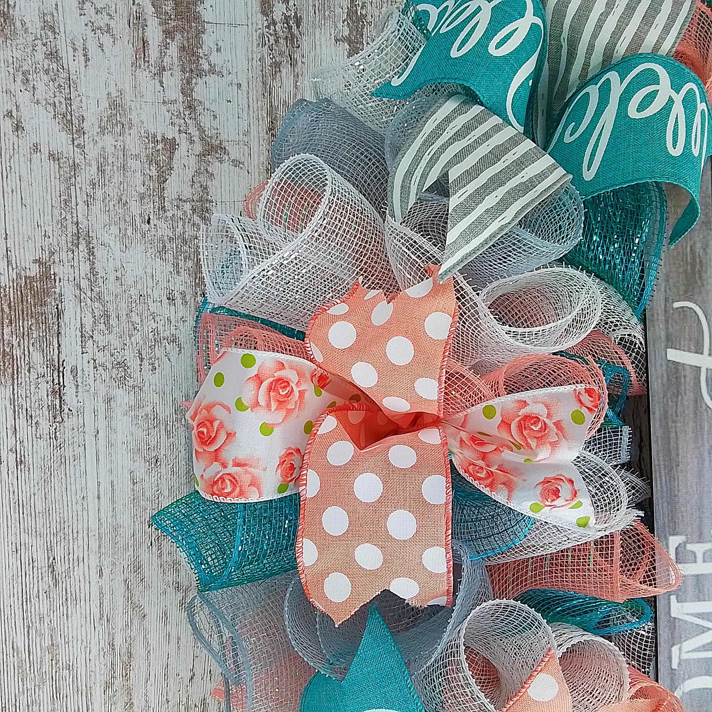 Door wreath ready for indoor outdoor display coral grey teal white mesh