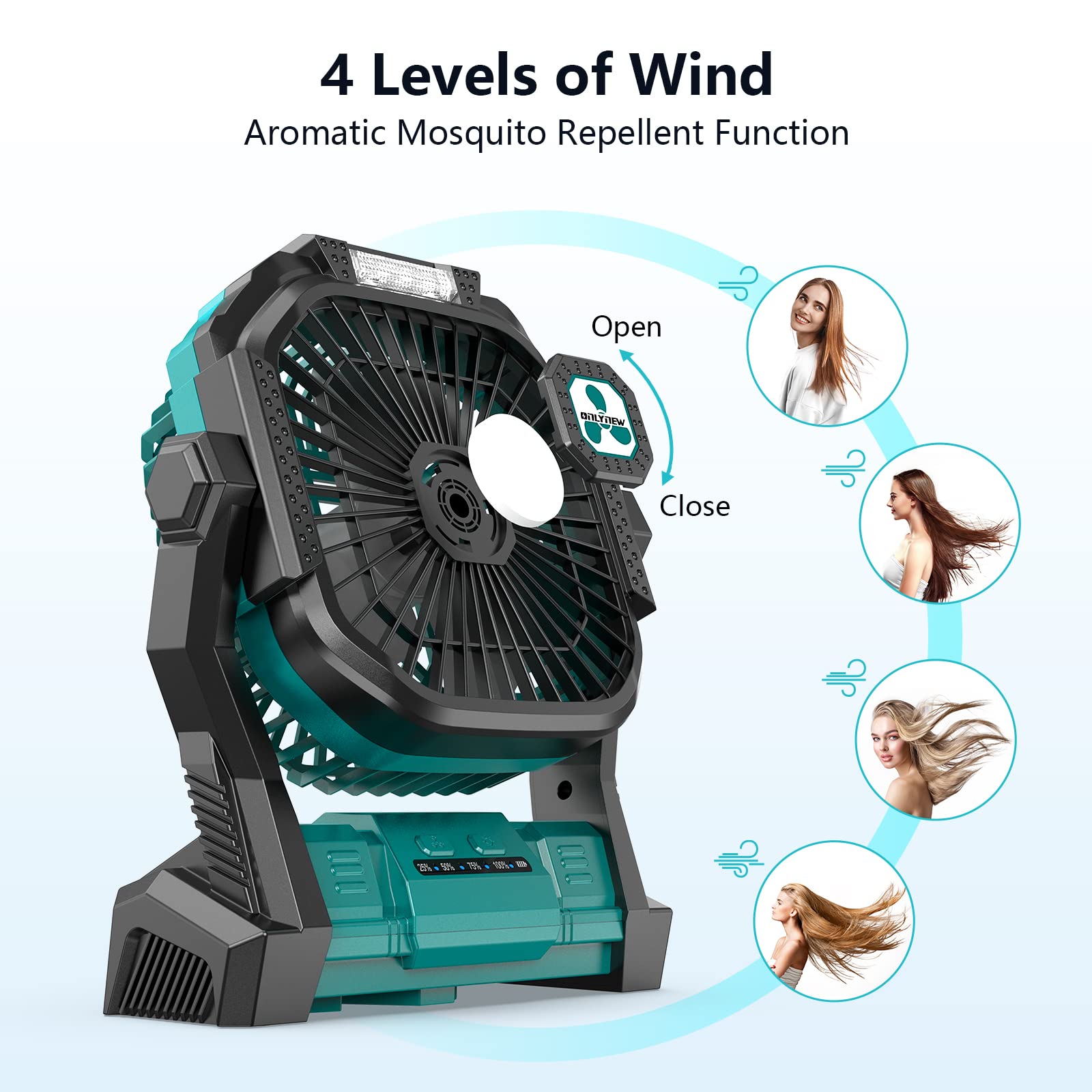 Camping portable fan with LED lantern for tents