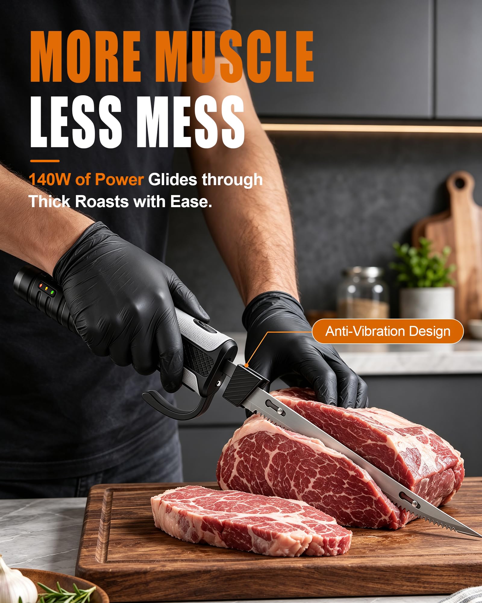 Cordless carving knife showing LED battery display